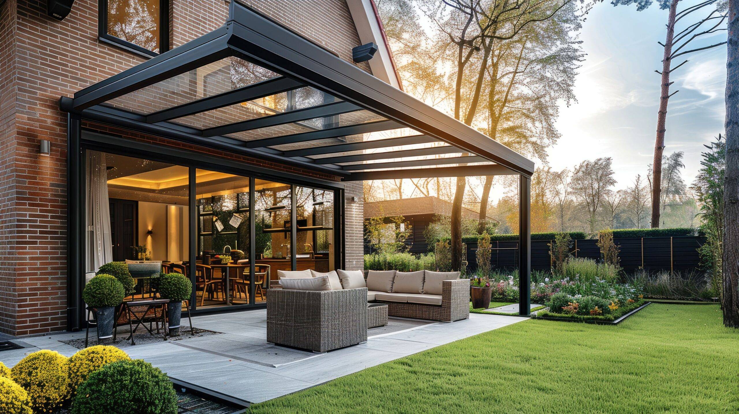 Terrassenüberdachung am Einfamilienhaus mit Lounge-Ecke und Garten in München bei Sonnenuntergang