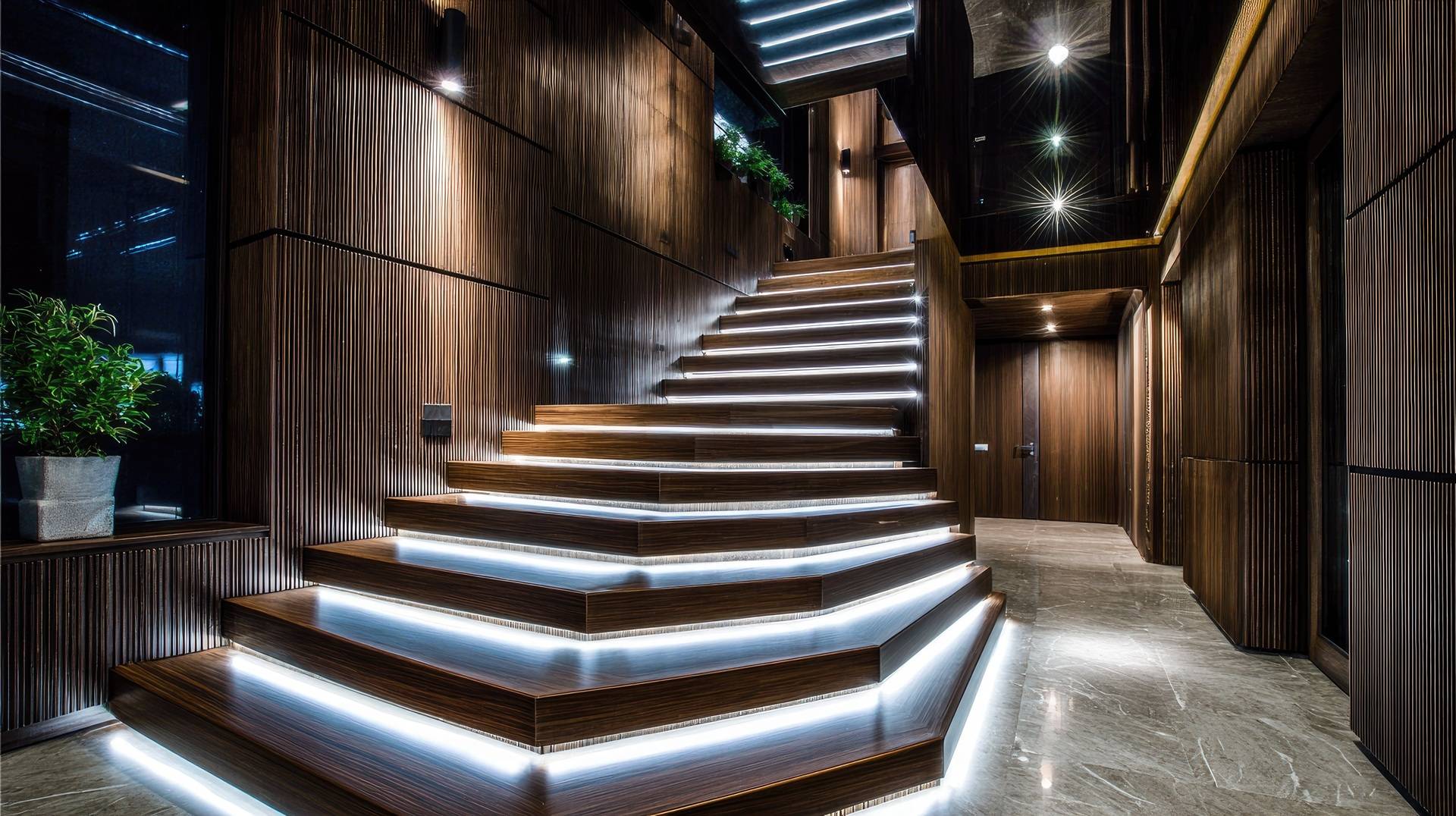 Beleuchtete Holztreppe mit Stufenlicht | LED Streifen 12V